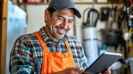 Handsome mature man technician, HVAC, plumber, worker using a tablet in a basement home worksite or workshop. Happy home owner using technology for a quote home improvement. 