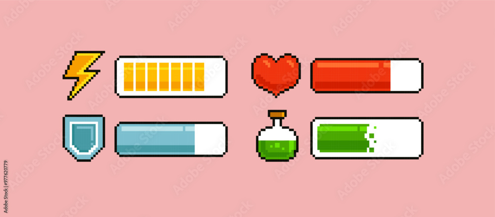 Poster Retro pixel game loading progress bar pixel elements set with health scale hearts. Retro 8-bit video game design with health loading scale, energy. Arcade video game elements. Editable pixel vector
