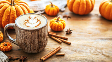 Cozy autumn scene featuring a latte with leaf design, surrounded by small pumpkins and cinnamon sticks on a wooden table