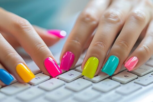 Girl's hands with multi-colored nails typing on a quaviature