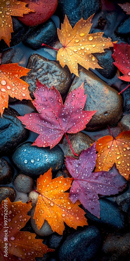 Sticker Vivid autumn leaves scattered on smooth river stones create a serene natural scene. The drops of water enhance the colors of the leaves. Ideal for nature lovers, decoration, or artistic projects. AI