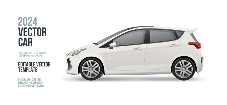 White Hatchback Car -  ditable vector mockup design. Side view Company Vehicle for branding design. Editable vector hatchback