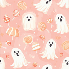 Vector seamless pattern of Halloween ghosts and candy