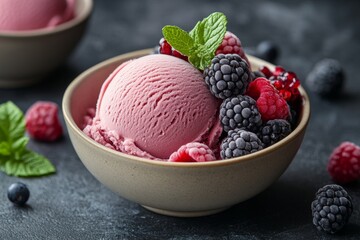 Delicious ice cream with berries in bowl on table, closeup.