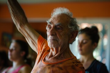 Obraz premium A photo of a senior man taking a yoga class