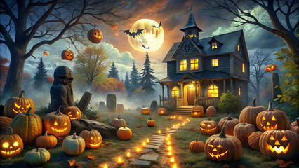 Halloween with carved pumpkins lit from within. The road leads to a spooky castle under a full moon. Dusk, fall trees.