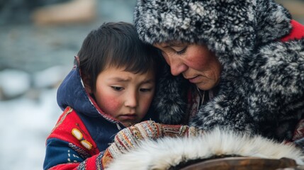 Close-up candid portrait of a northern tribeswoman teaching a child how to weave fur, both bundled in thick clothing as they work together in the cold