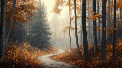 Misty Autumn Forest with Winding Path and Towering Trees