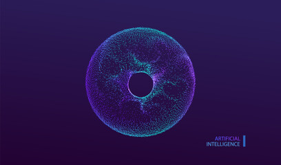 A.I. Technology particles banner. Dots explosion ai big data neon round background. Artificial Intelligence futuristic circles connect design.	