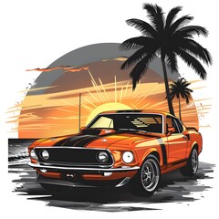 A classic vintage car is parked under tall palm trees with a vibrant sunset in the background, creating a nostalgic and tropical atmosphere. The scene evokes a sense of timeless summer adventure.