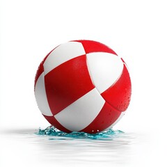A vibrant red and white beach ball floating on water, perfect for summer fun and outdoor activities.