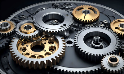 Close-up view of metal gears and cogwheels in industrial machinery. The complex mechanical system is engineered for precision and durability