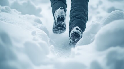 Close-up candid shot of a person walking through deep snow, their legs pushing through the powder as they make their way forward