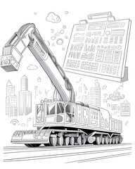 Fototapeta premium Excavator on a construction site. Vector illustration in black and white