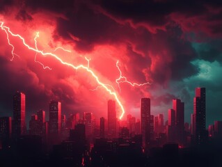 Obraz premium Lightning crackling over a city illuminated by neon lights, dark storm clouds rolling in over the skyline, a vivid nighttime scene