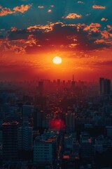 Fototapeta premium A panoramic view of a bustling city skyline at sunrise 