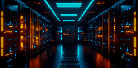 A modern server room with glowing blue and orange lights, illustrating a data center or cloud computing concept.