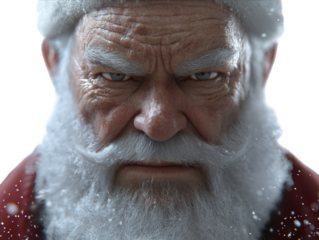 Santa Claus looking angrily at the camera with a furious expression on a white background.