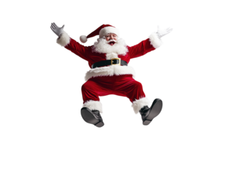 Santa Claus jumping and celebrating with a joyful expression, arms raised, on a white background.