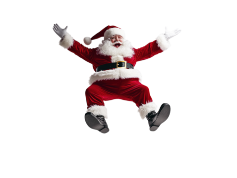 Santa Claus jumping and celebrating with a joyful expression, arms raised, on a white background.