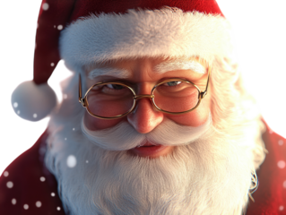 Close-up of Santa Claus smiling, showing his white beard and red hat on a white background.