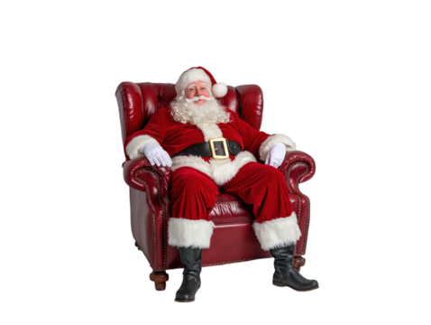 Santa Claus sitting on a chair with a relaxed pose on a white background.