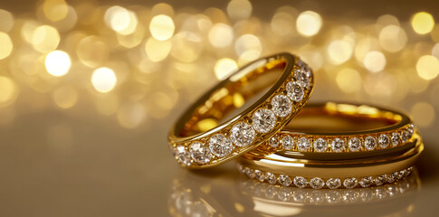 A pair of gold and diamond wedding rings on a beige background with bokeh lights.