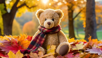 秋の森とテディベア