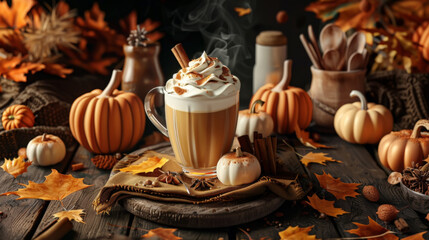 Autumn Spice Latte with Pumpkins and Cinnamon