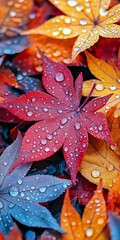 Fototapeta premium Vibrant autumn leaves with water droplets create a stunning visual display. The rich colors of red, orange, and yellow enhance the beauty of nature. Perfect for seasonal designs. AI