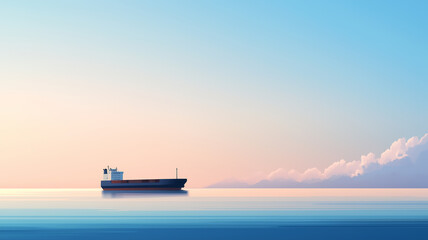 Obraz premium Cargo ship on a calm ocean horizon, with vast open sky above for text, minimalistic, muted colors, smooth gradients