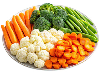 Mixed steamed vegetables including broccoli, carrots, and snap peas on white plate. PNG transparent.