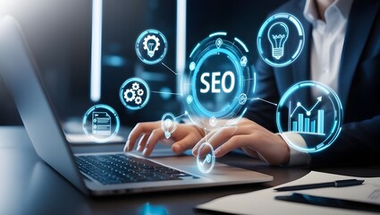 SEO, Search engine optimization, Businessman uses a laptop to analyze SEO, Website ranking, Search engine ranking