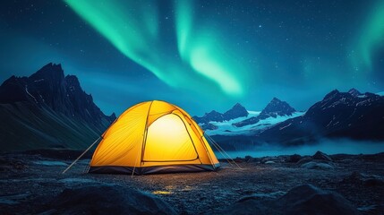 Glowing Yellow Tent Under Aurora and Starry Night Sky