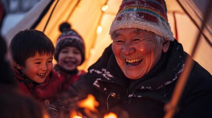Close-up candid portrait of a tribal elder laughing with a group of children, their faces lit by the warm glow of a fire inside a snow-covered tent