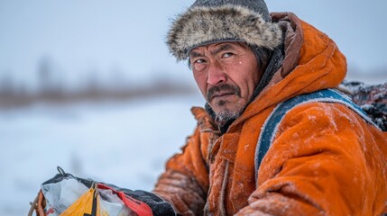 Fototapeta premium Close-up candid portrait of a northern tribesman packing supplies onto a sled, preparing for a long journey across the frozen landscape