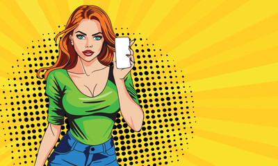 Sexy woman shows blank phone screen. Vector bright background in retro comic pop art style