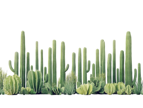 Group of tall green cacti with spines on white background. PNG transparent.