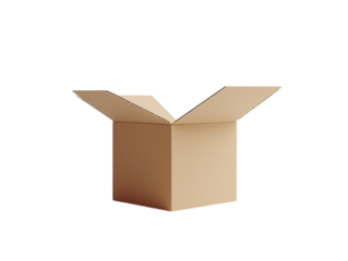 Open cardboard box with flaps on white background. PNG transparent.