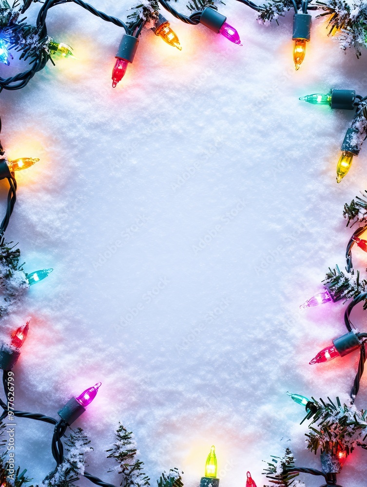 Wall mural snowy christmas background with colorful lights around the edge. text space. ai generated image