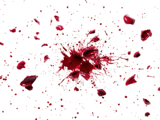 Realistic blood splatters of various sizes on white background. PNG transparent.