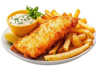Fish and chips with golden fries on white background. PNG transparent.