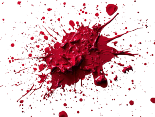 Realistic blood splatters of various sizes on white background. PNG transparent.