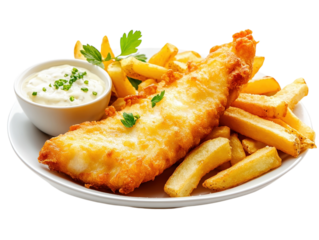 Fish and chips with golden fries on white background. PNG transparent.