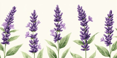 Beautiful lavender flower pattern with soft purples and greens, botanical style