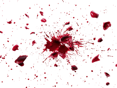 Realistic blood splatters of various sizes on white background. PNG transparent.