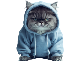 Grumpy Persian cat in blue hoodie on white background. PNG transparent.