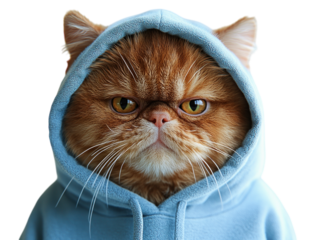 Grumpy Persian cat in blue hoodie on white background. PNG transparent.