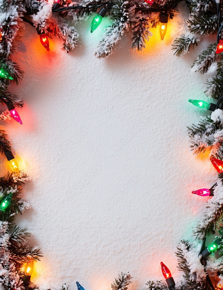 Wall mural snowy christmas background with colorful lights around the edge. text space. ai generated image