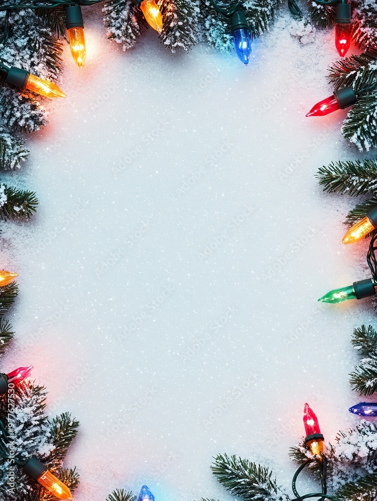 Wall mural snowy christmas background with colorful lights around the edge. text space. ai generated image